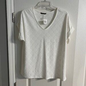 GYFT Women's V-Neck Cuffed Short Sleeve Shirt With Holes- Large NWT